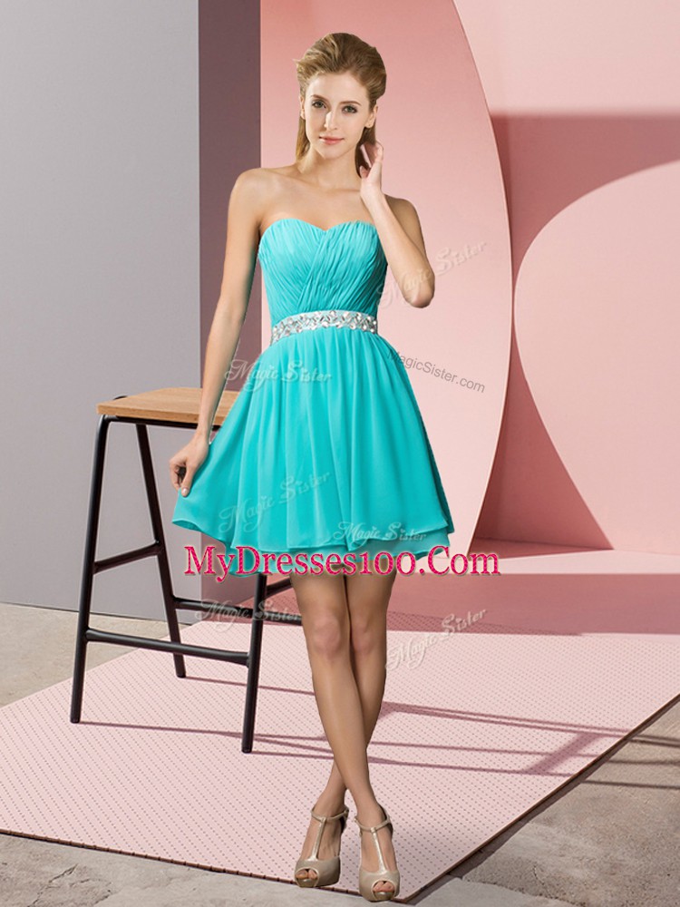 Mini Length Aqua Blue Dress for Prom Chiffon Sleeveless Beading