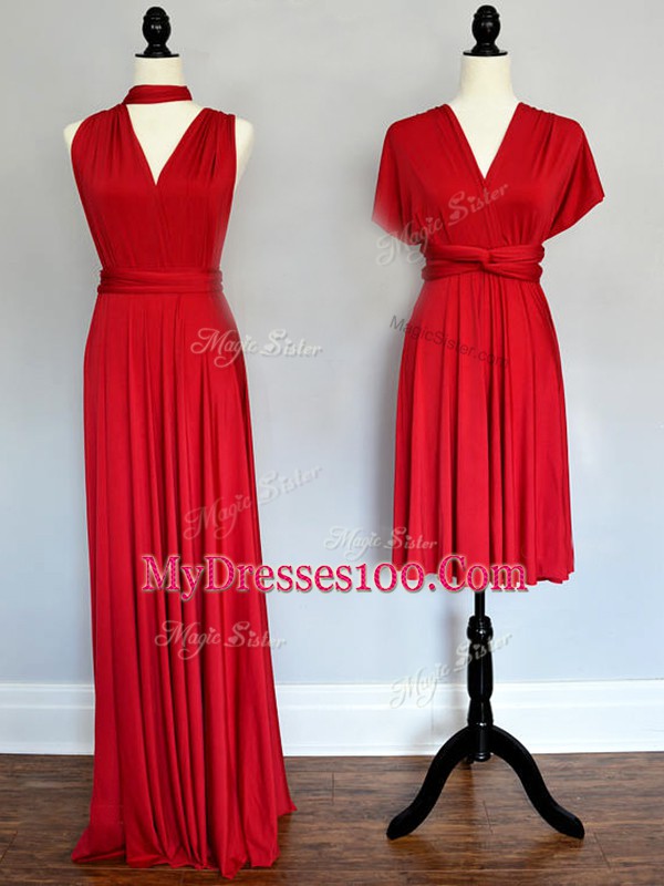 Sleeveless Floor Length Ruching Lace Up Bridesmaids Dress with Red