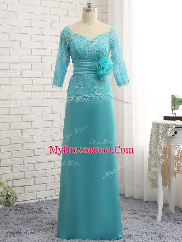 Fashion Floor Length Aqua Blue Mother Of The Bride Dress Chiffon Long Sleeves Lace and Appliques and Ruching and Hand Made Flower