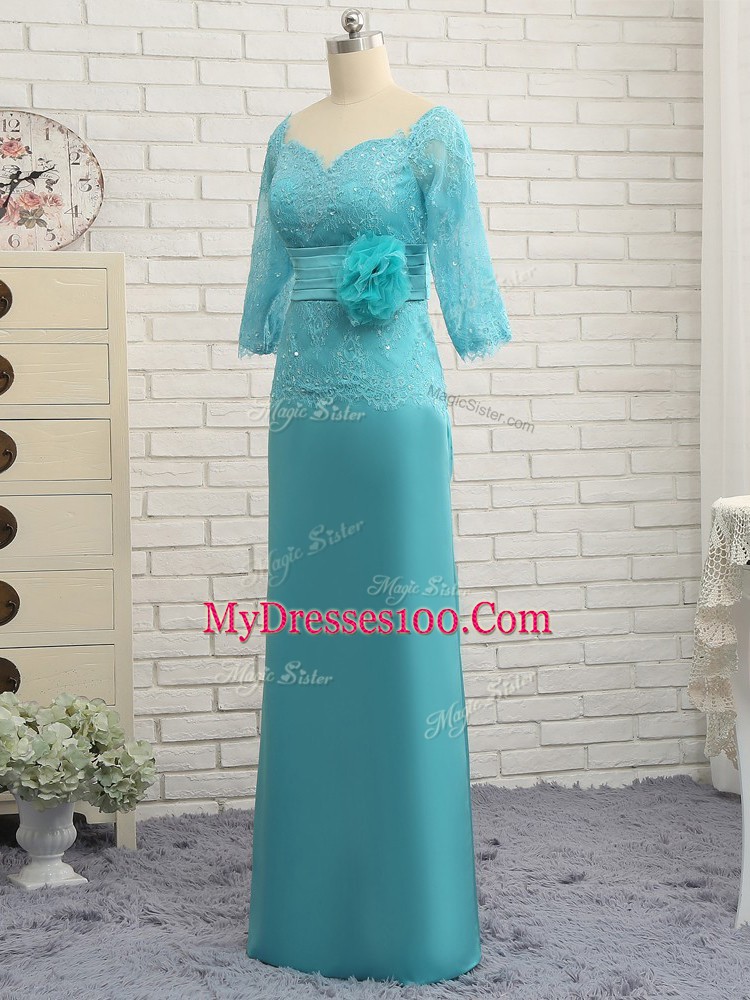 Fashion Floor Length Aqua Blue Mother Of The Bride Dress Chiffon Long Sleeves Lace and Appliques and Ruching and Hand Made Flower