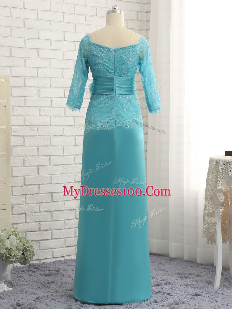 Fashion Floor Length Aqua Blue Mother Of The Bride Dress Chiffon Long Sleeves Lace and Appliques and Ruching and Hand Made Flower