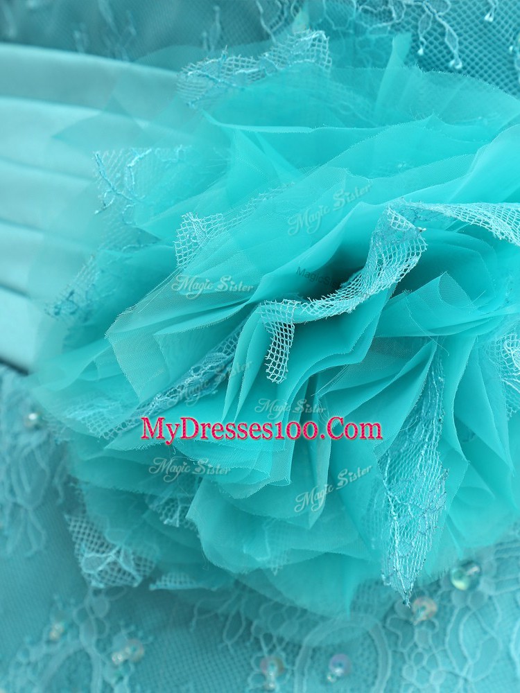 Fashion Floor Length Aqua Blue Mother Of The Bride Dress Chiffon Long Sleeves Lace and Appliques and Ruching and Hand Made Flower