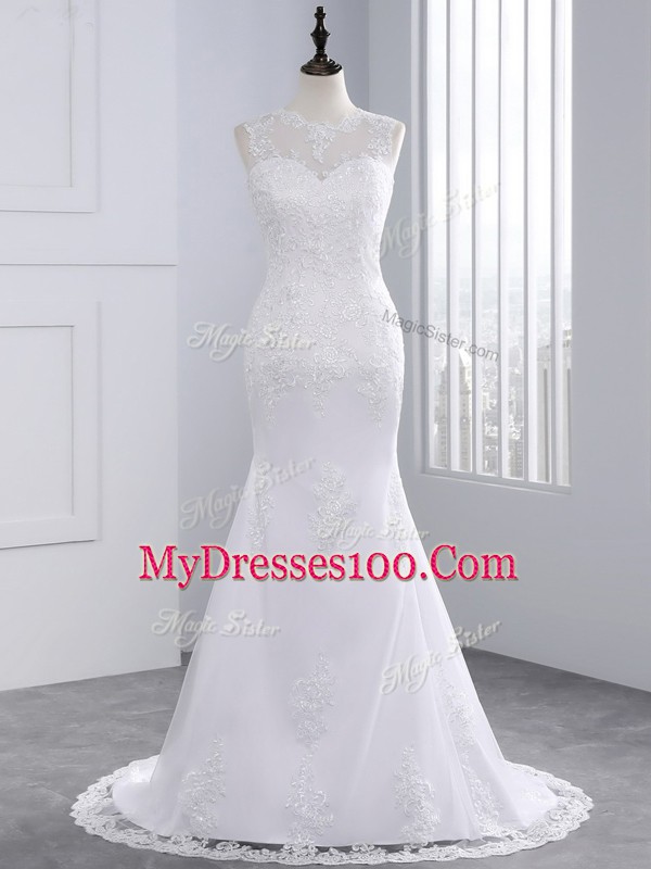 Hot Sale Sleeveless Beading and Appliques Lace Up Wedding Dresses with White Brush Train