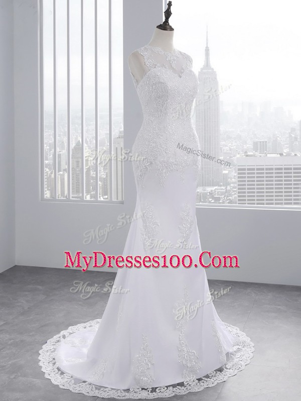 Hot Sale Sleeveless Beading and Appliques Lace Up Wedding Dresses with White Brush Train