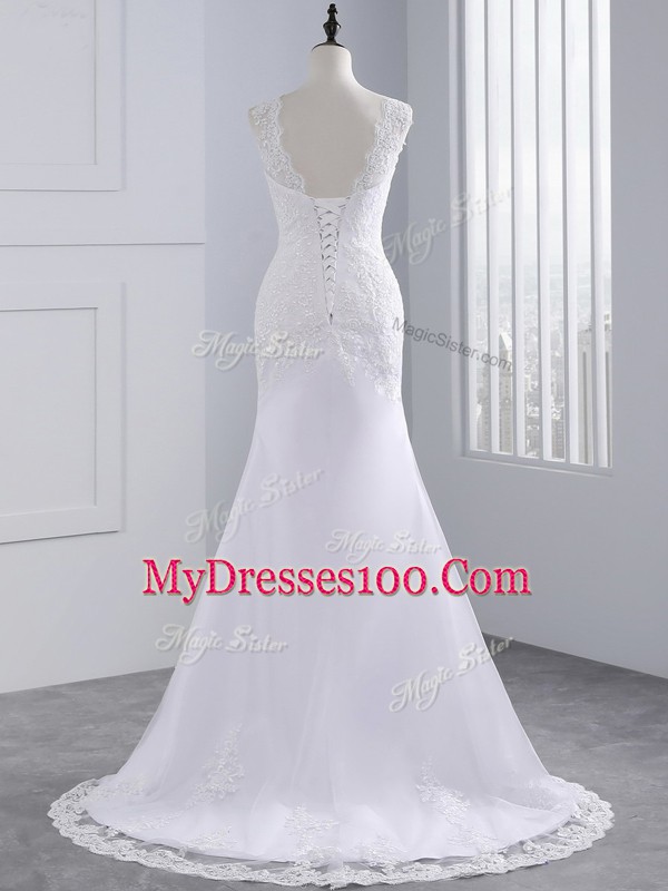 Hot Sale Sleeveless Beading and Appliques Lace Up Wedding Dresses with White Brush Train