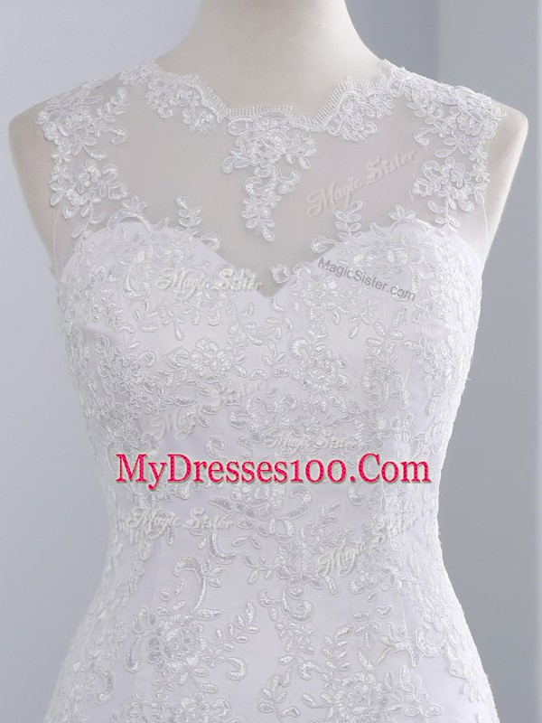 Hot Sale Sleeveless Beading and Appliques Lace Up Wedding Dresses with White Brush Train