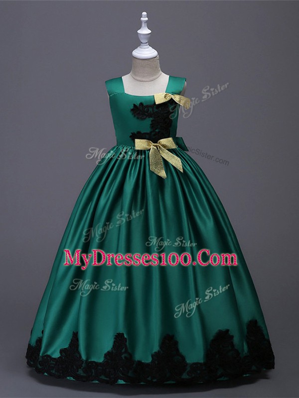 Dark Green Zipper Flower Girl Dress Appliques and Bowknot Sleeveless Floor Length