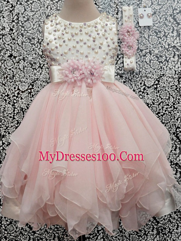 Amazing Baby Pink Scoop Neckline Beading and Hand Made Flower Little Girls Pageant Gowns Sleeveless Backless