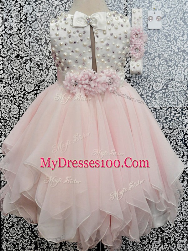 Amazing Baby Pink Scoop Neckline Beading and Hand Made Flower Little Girls Pageant Gowns Sleeveless Backless