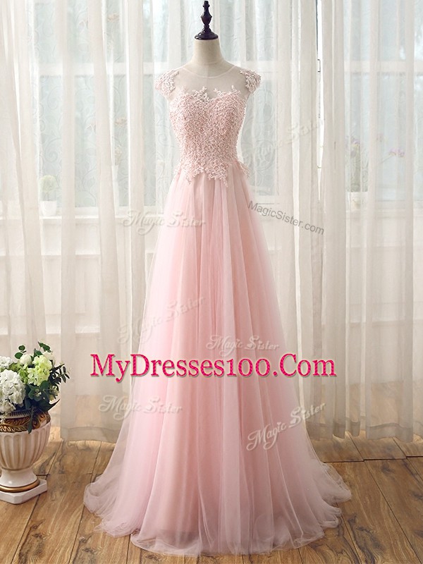 Inexpensive Baby Pink Empire Tulle Scoop Cap Sleeves Beading and Lace Zipper Bridesmaids Dress Brush Train