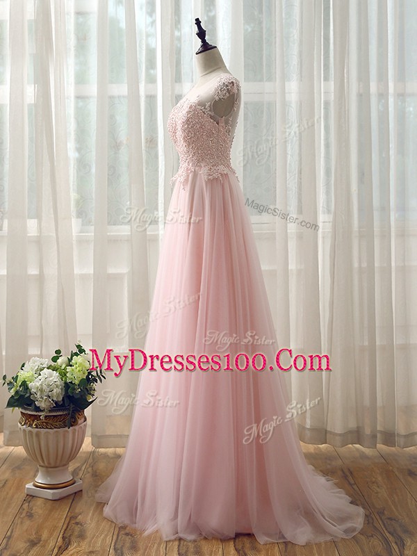 Inexpensive Baby Pink Empire Tulle Scoop Cap Sleeves Beading and Lace Zipper Bridesmaids Dress Brush Train
