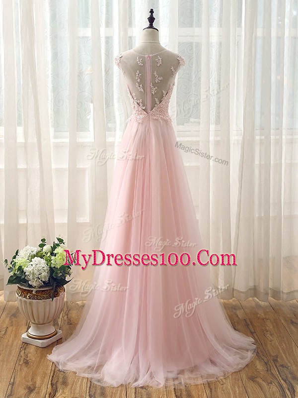 Inexpensive Baby Pink Empire Tulle Scoop Cap Sleeves Beading and Lace Zipper Bridesmaids Dress Brush Train