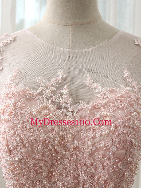 Inexpensive Baby Pink Empire Tulle Scoop Cap Sleeves Beading and Lace Zipper Bridesmaids Dress Brush Train