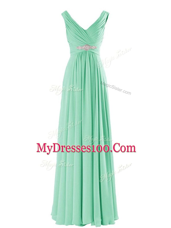 Super Apple Green Zipper Bridesmaid Dress Beading Sleeveless Floor Length