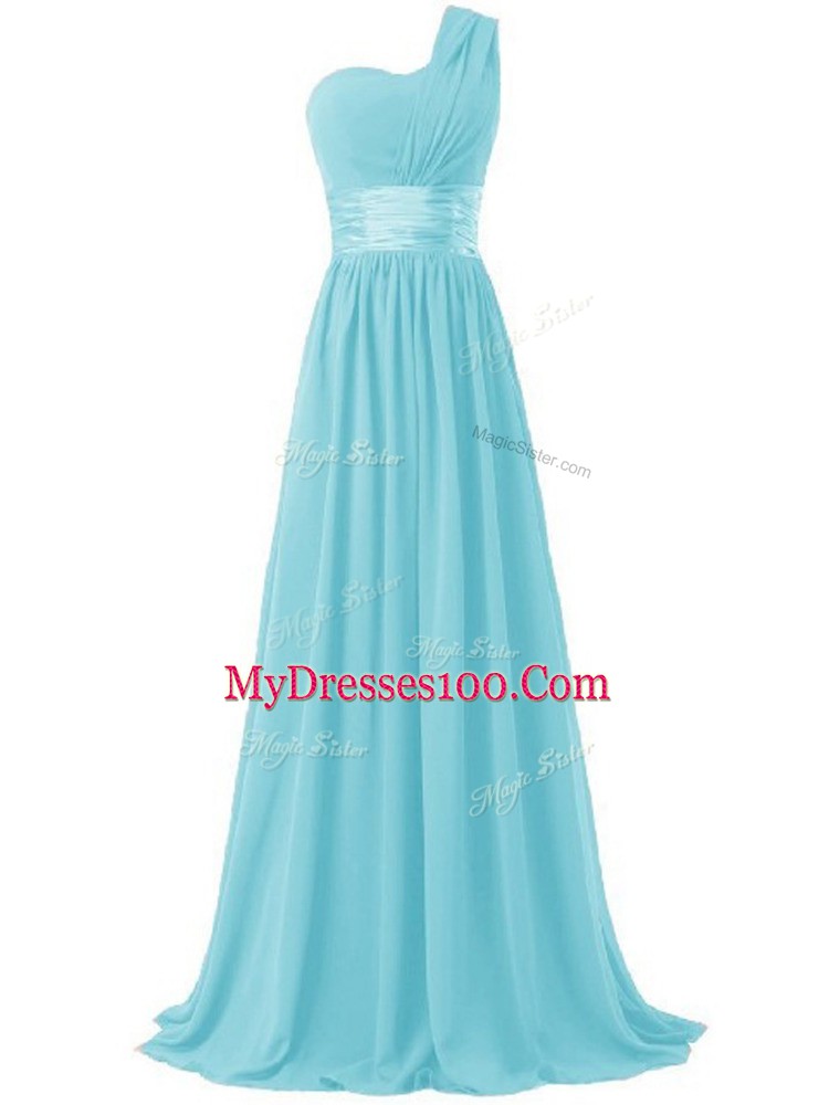 Ideal Aqua Blue One Shoulder Lace Up Ruching Quinceanera Dama Dress Sleeveless