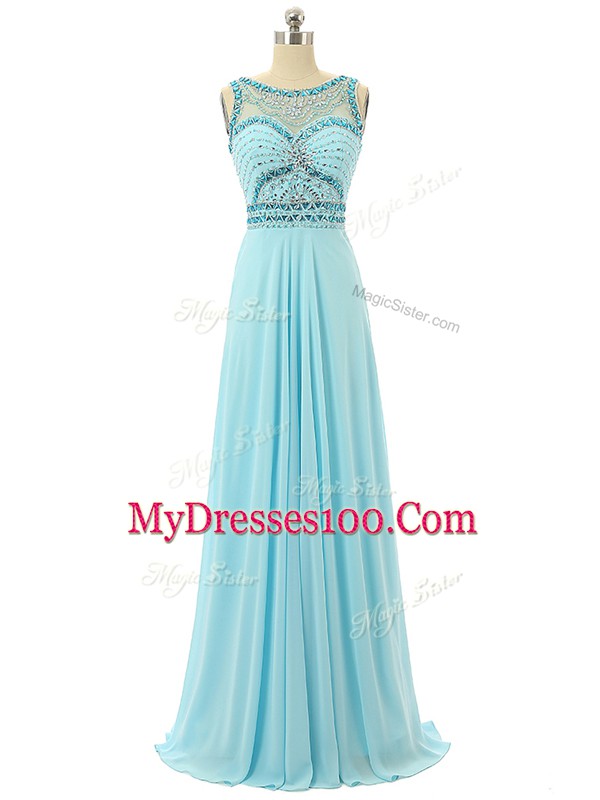 Dynamic Beading Prom Dresses Aqua Blue Zipper Sleeveless Floor Length