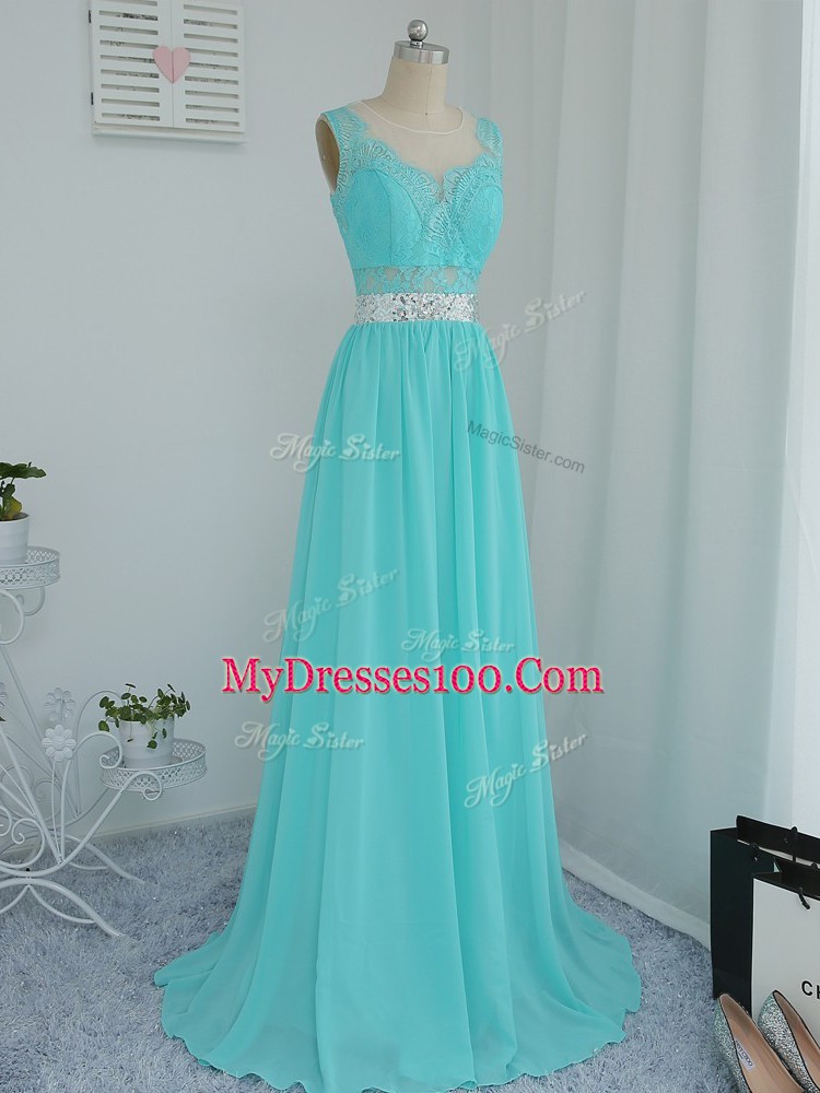 Sleeveless Beading and Lace Side Zipper Wedding Guest Dresses with Aqua Blue Sweep Train