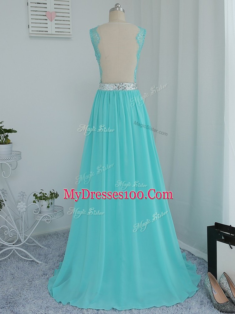 Sleeveless Beading and Lace Side Zipper Wedding Guest Dresses with Aqua Blue Sweep Train