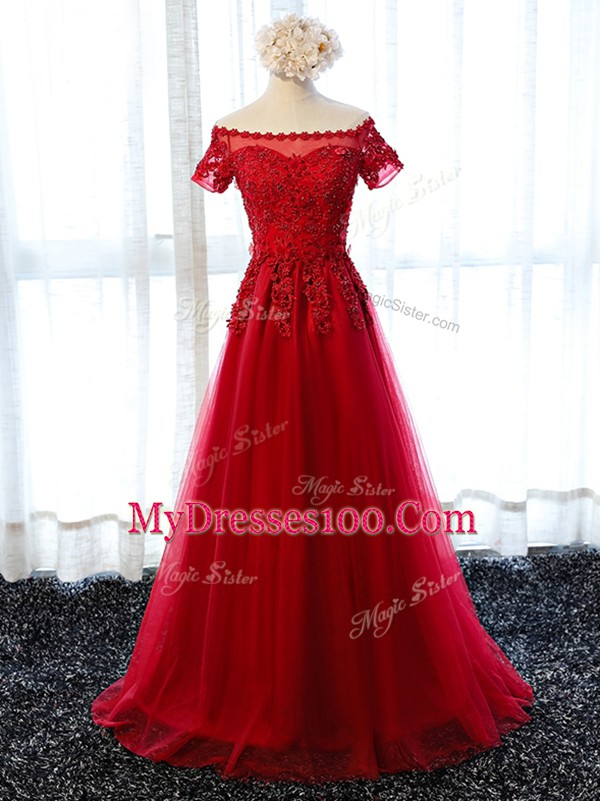 Modern Wine Red Tulle Lace Up Evening Dress Short Sleeves Floor Length Beading and Lace and Appliques