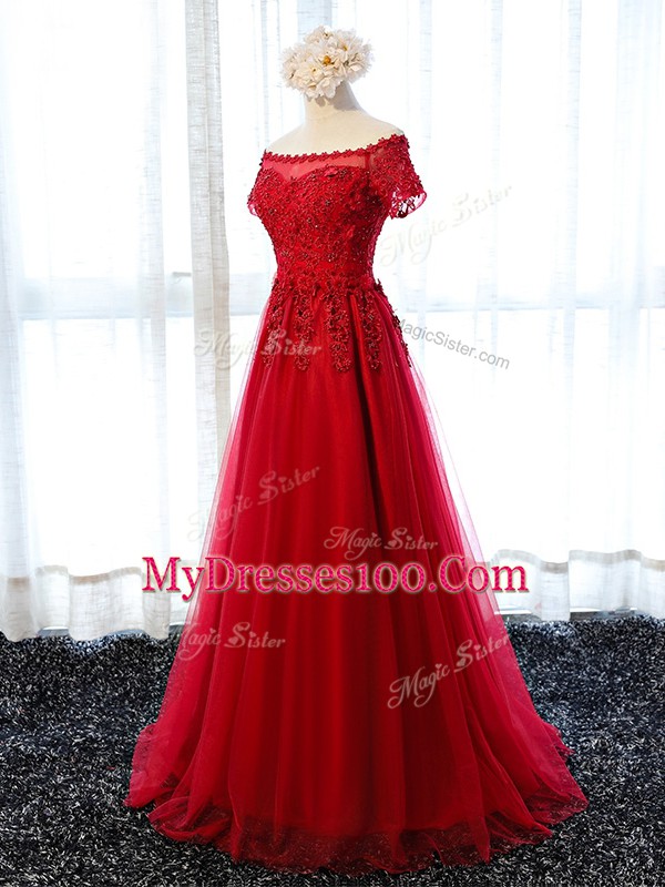 Modern Wine Red Tulle Lace Up Evening Dress Short Sleeves Floor Length Beading and Lace and Appliques