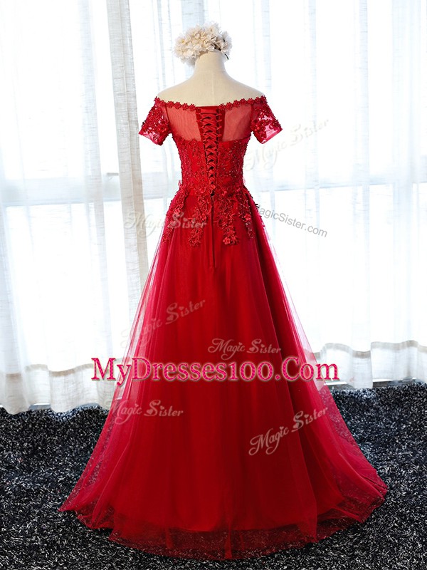 Modern Wine Red Tulle Lace Up Evening Dress Short Sleeves Floor Length Beading and Lace and Appliques