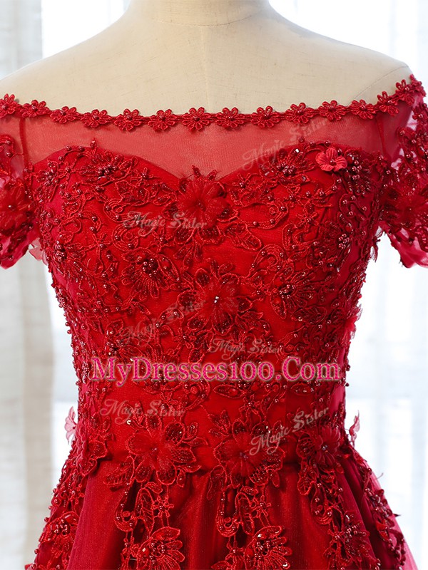 Modern Wine Red Tulle Lace Up Evening Dress Short Sleeves Floor Length Beading and Lace and Appliques