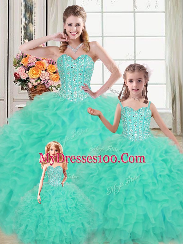 Turquoise Lace Up Quinceanera Dress Beading and Ruffles Sleeveless Floor Length