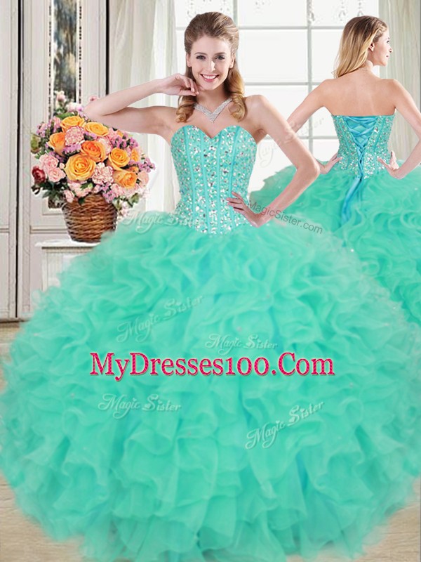 Turquoise Lace Up Quinceanera Dress Beading and Ruffles Sleeveless Floor Length