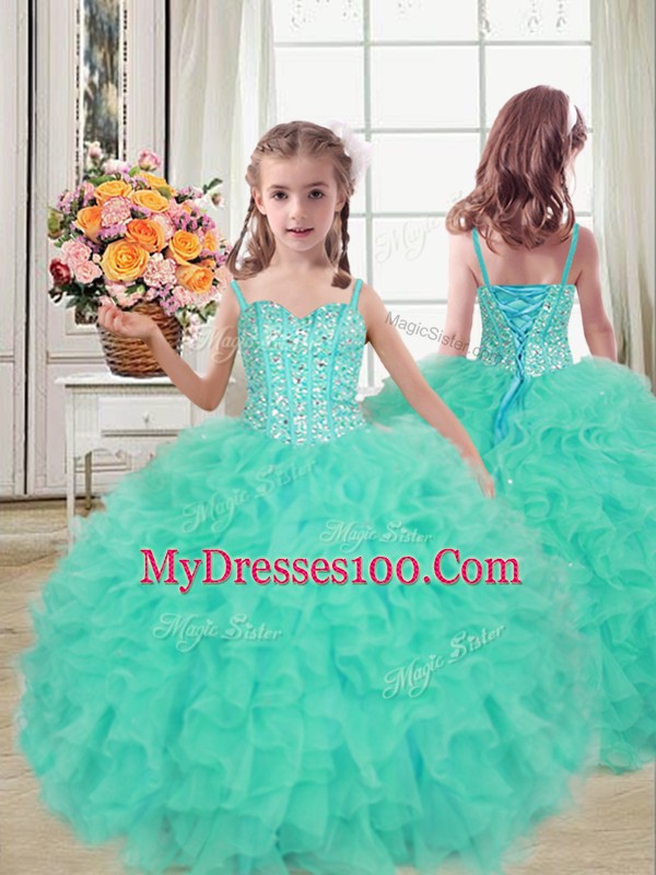 Turquoise Lace Up Quinceanera Dress Beading and Ruffles Sleeveless Floor Length