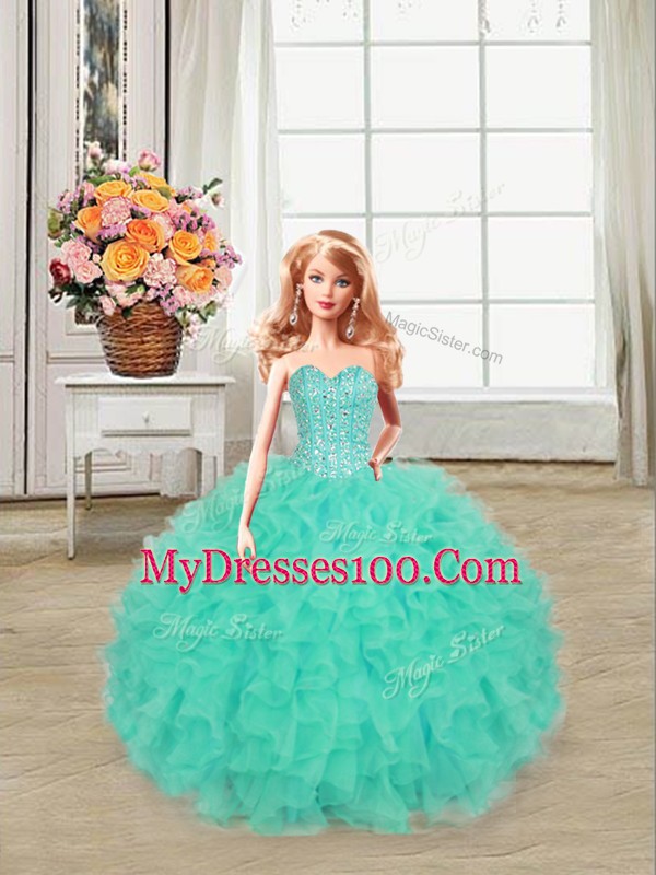 Turquoise Lace Up Quinceanera Dress Beading and Ruffles Sleeveless Floor Length