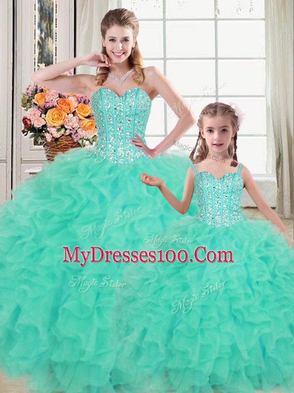 Turquoise Lace Up Quinceanera Dress Beading and Ruffles Sleeveless Floor Length