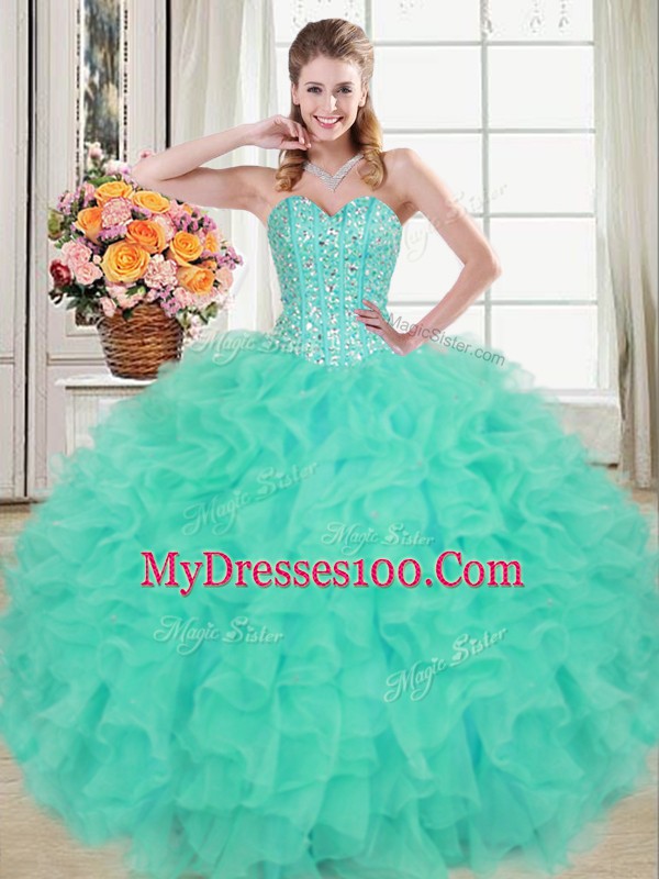 Flirting Turquoise Sleeveless Beading and Ruffles Floor Length Sweet 16 Quinceanera Dress