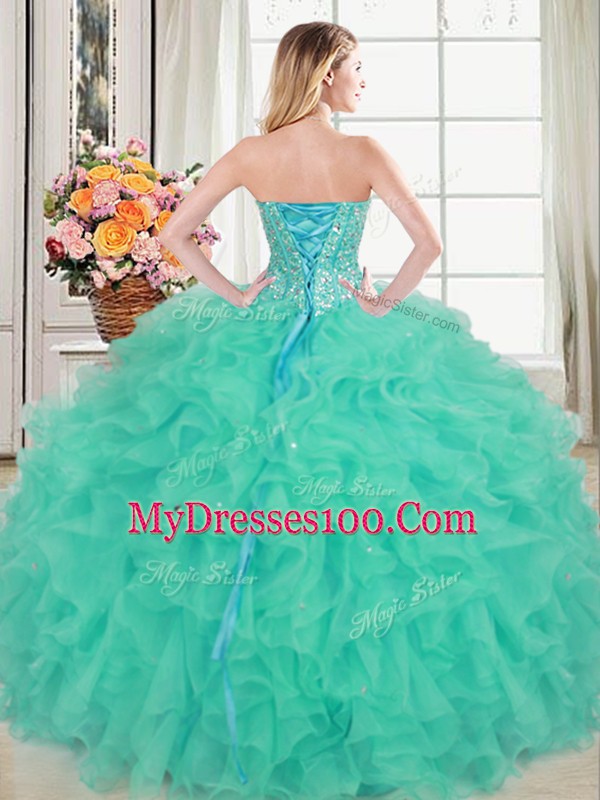 Flirting Turquoise Sleeveless Beading and Ruffles Floor Length Sweet 16 Quinceanera Dress