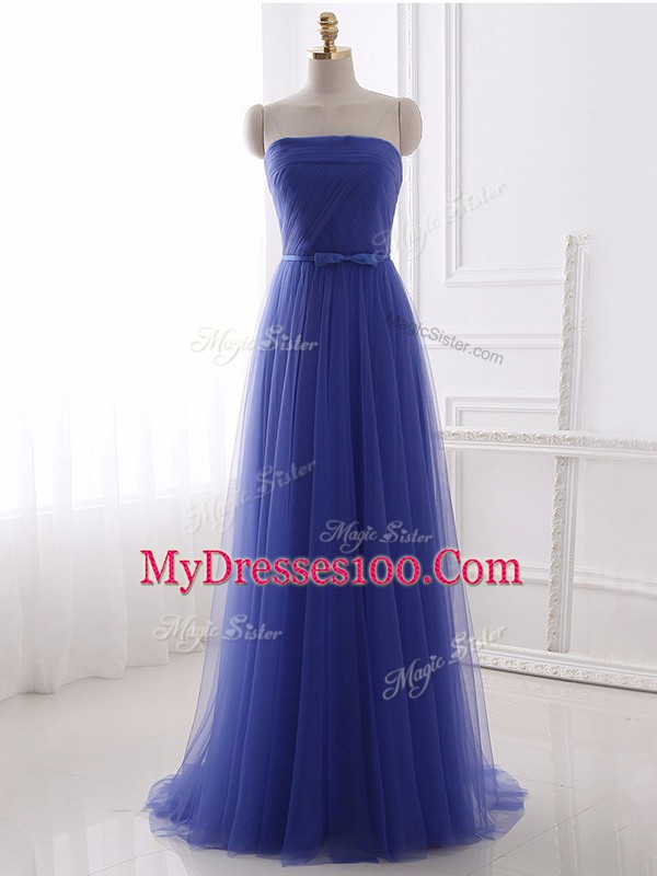 Blue Prom Evening Gown Prom and Party and Military Ball and Sweet 16 with Beading and Belt Strapless Sleeveless Zipper