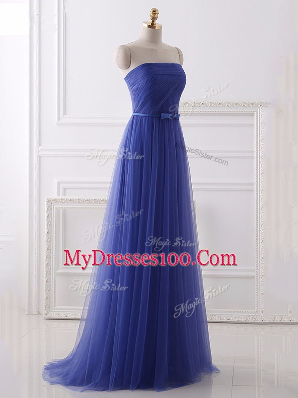 Blue Prom Evening Gown Prom and Party and Military Ball and Sweet 16 with Beading and Belt Strapless Sleeveless Zipper