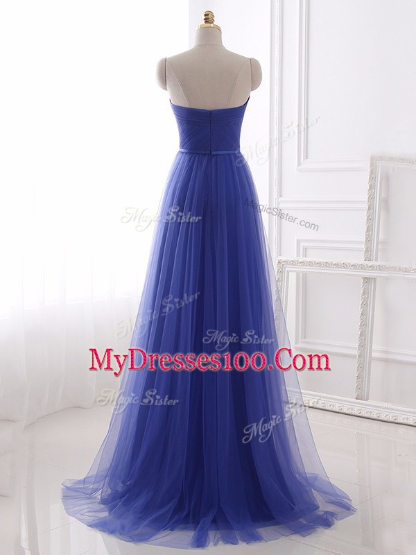 Blue Prom Evening Gown Prom and Party and Military Ball and Sweet 16 with Beading and Belt Strapless Sleeveless Zipper