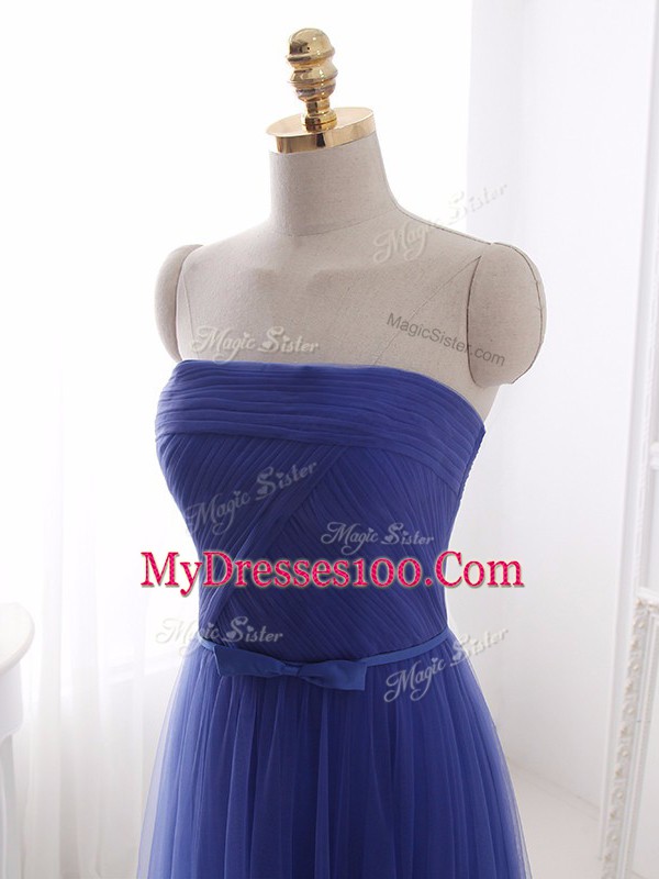 Blue Prom Evening Gown Prom and Party and Military Ball and Sweet 16 with Beading and Belt Strapless Sleeveless Zipper
