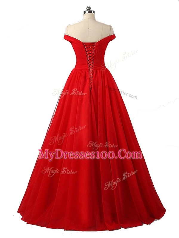 Floor Length A-line Sleeveless Red Lace Up