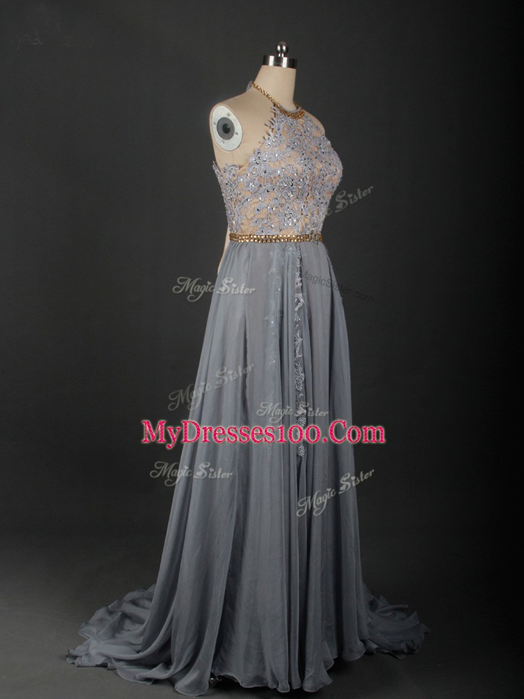Eye-catching Empire Sleeveless Grey Prom Dresses Brush Train Lace Up
