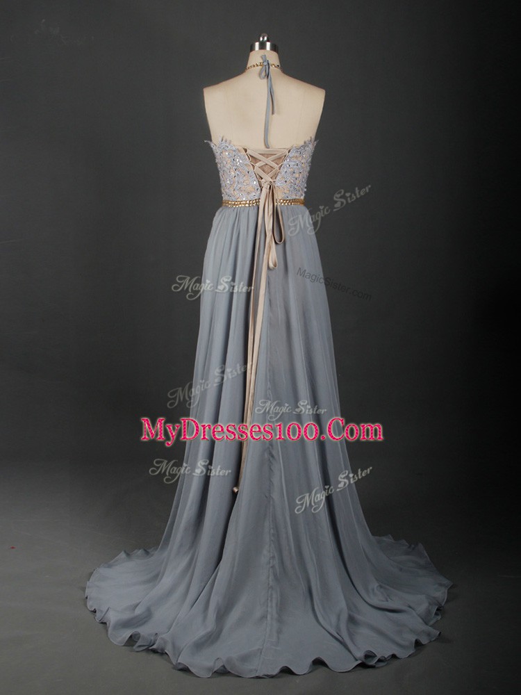 Eye-catching Empire Sleeveless Grey Prom Dresses Brush Train Lace Up