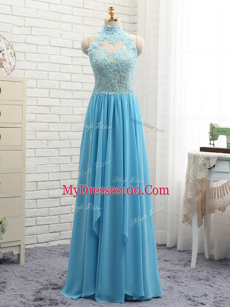 Shining Baby Blue Sleeveless Chiffon Backless Prom Evening Gown for Prom and Party