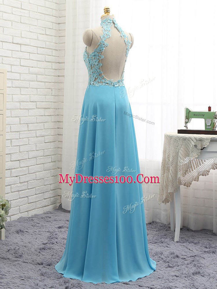 Shining Baby Blue Sleeveless Chiffon Backless Prom Evening Gown for Prom and Party