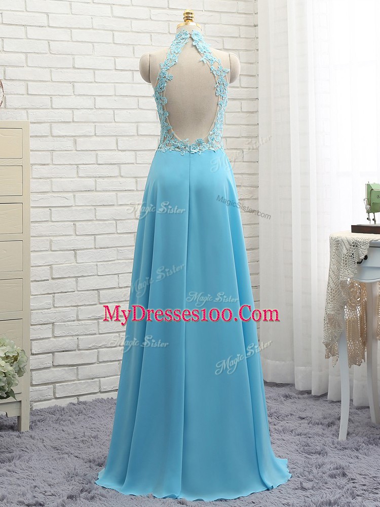 Shining Baby Blue Sleeveless Chiffon Backless Prom Evening Gown for Prom and Party
