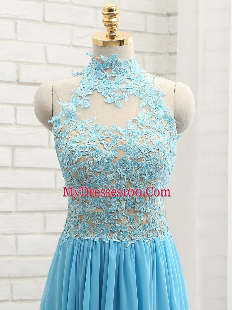 Shining Baby Blue Sleeveless Chiffon Backless Prom Evening Gown for Prom and Party