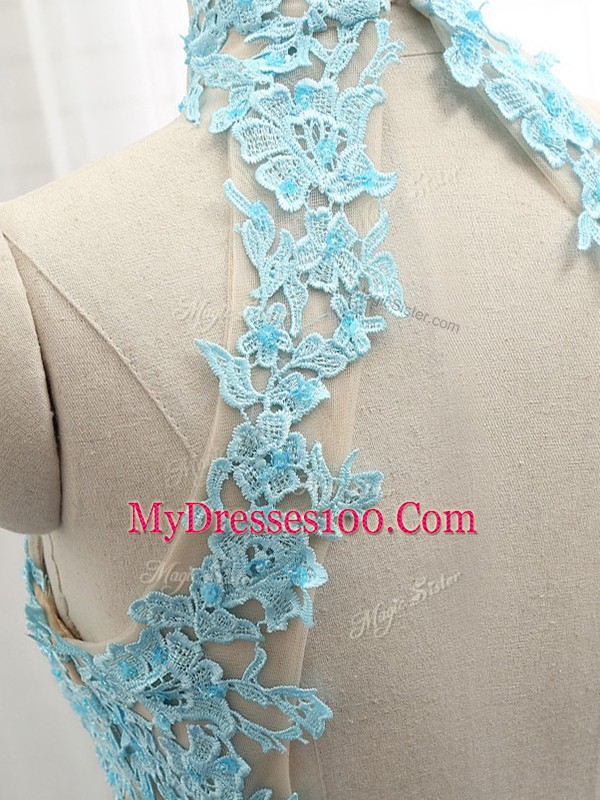 Shining Baby Blue Sleeveless Chiffon Backless Prom Evening Gown for Prom and Party