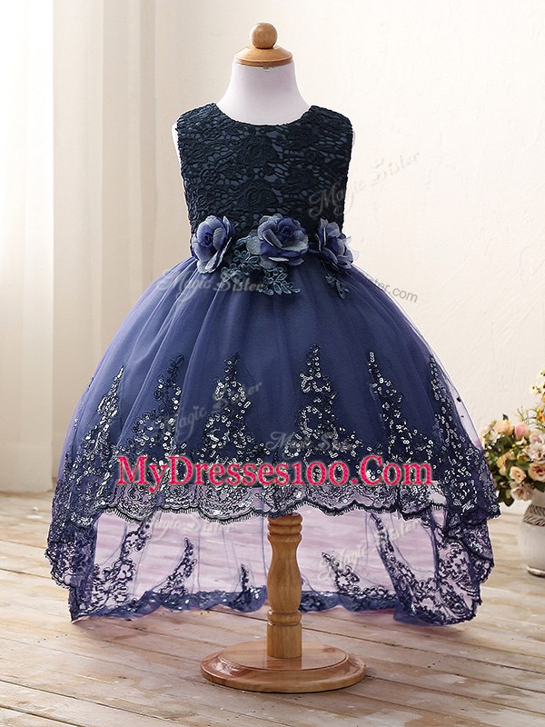 Classical Navy Blue Ball Gowns Scoop Sleeveless Tulle High Low Zipper Lace and Appliques and Bowknot and Hand Made Flower Little Girls Pageant Dress