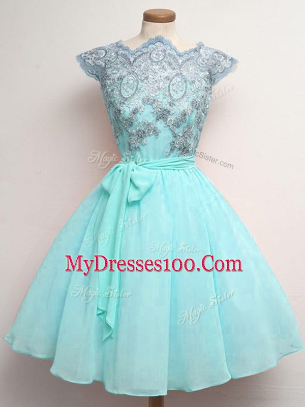 Latest Cap Sleeves Lace Up Knee Length Lace and Belt Bridesmaid Dress