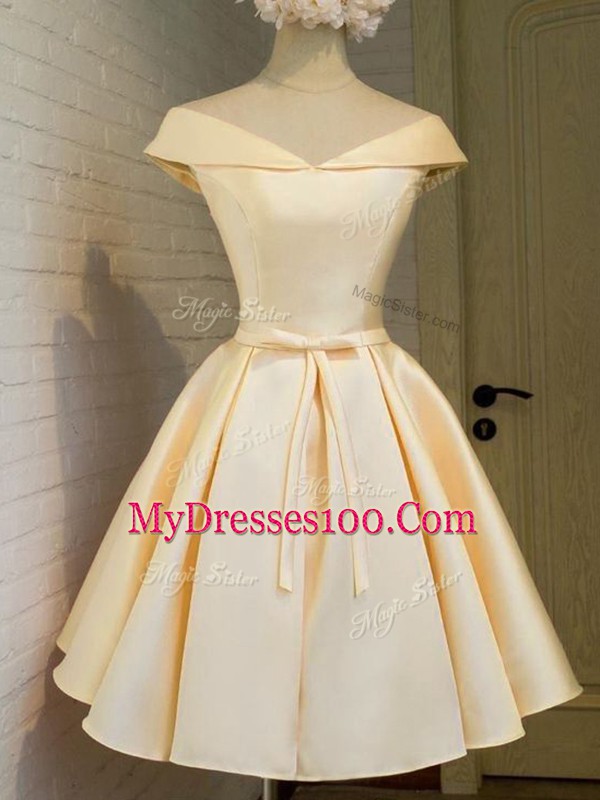 Excellent Knee Length Lace Up Bridesmaid Gown Champagne for Prom and Party and Wedding Party with Belt
