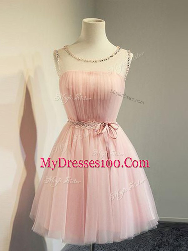 Custom Designed Baby Pink Empire Tulle Scoop Long Sleeves Belt Knee Length Lace Up Wedding Party Dress