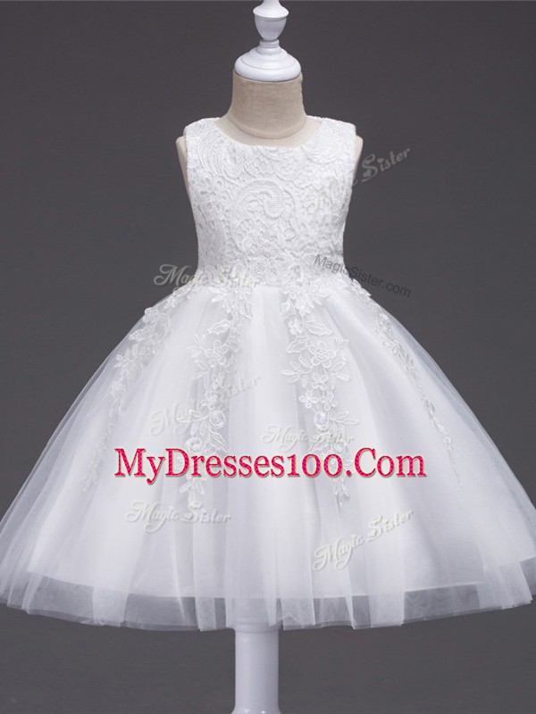 White Zipper Scoop Appliques Flower Girl Dresses for Less Tulle Sleeveless